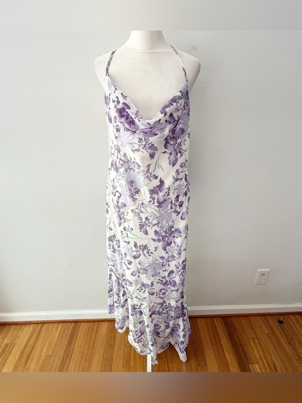 Vintage Women Y2K Cowl Drape Back Floral Asymmetrical Maxi Dress Size 12 Femme